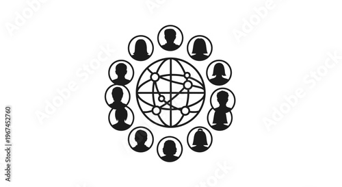 Black and White Icon of a World Globe Surrounded by Diverse Human Head Silhouettes, Symbolizing Global Community and Connections, Isolated White Background.
