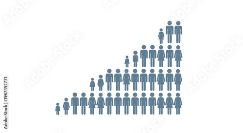 Population Growth Chart with Human Figures (Men, Women, Children) Arranged in Ascending Order, Depicting Demographic Expansion, Isolated White Background.