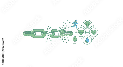 Broken Chain Leading to Healthy and Sustainable Lifestyle Icons, Symbolizing Freedom, Wellness, and Environmental Consciousness, Isolated White Background.