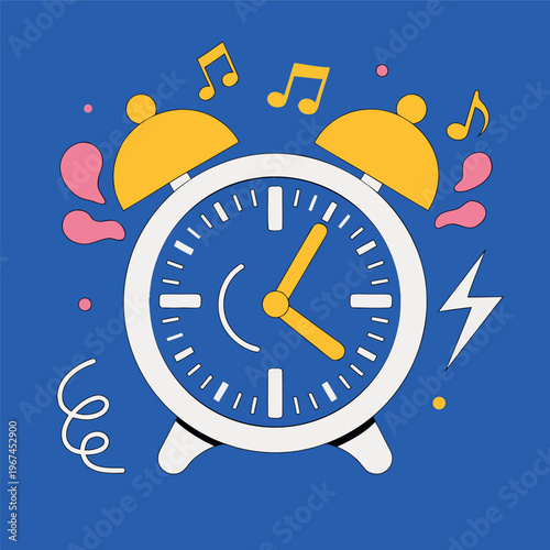 A colorful flat vector illustration of a ringing alarm clock with musical notes