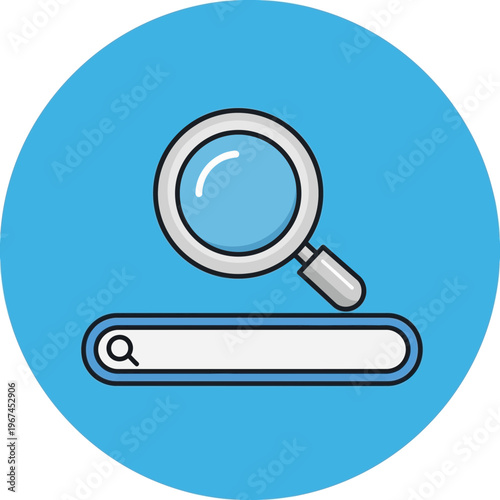 Magnifying glass over search bar for finding information online.
