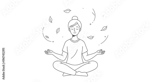 Woman meditating in lotus pose with closed eyes, surrounded by floating leaves, symbolizing nature's peace on an isolated white background.