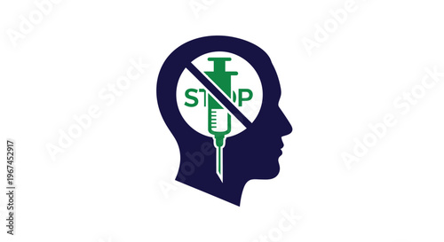 Human head silhouette with a 'STOP' syringe icon, symbolizing mental health protection and drug abuse prevention on an isolated white background.