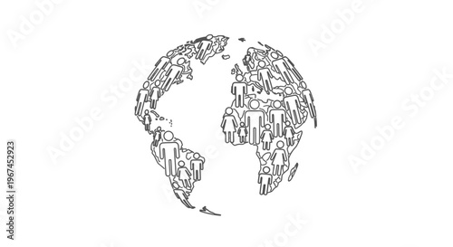 Abstract global community map, depicting connected people forming a world icon on an isolated white background.