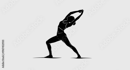 Silhouette of a woman performing a graceful yoga or fitness stretching pose in a bright studio background.