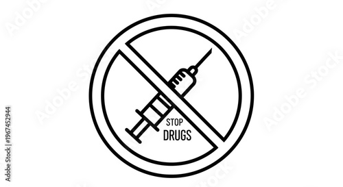 Stop Drugs Sign with Syringe and Text, Black and White Icon on Isolated White Background