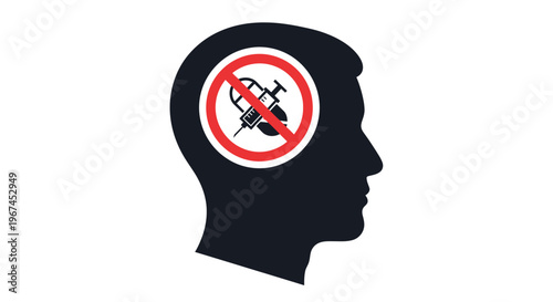 Human Head Silhouette with No Syringe Sign Inside Representing Anti-Drug Awareness on Isolated White Background