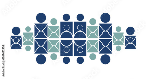 Abstract Pattern of Connected People Figures in Blue and Grey Shades on Isolated White Background
