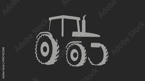A silhouetted image of a farming tractor, rendered in shades of gray against a dark background