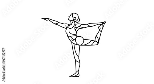 Elegant Woman Practicing Yoga Dancer Pose in Minimalist Line Art on Isolated White Background