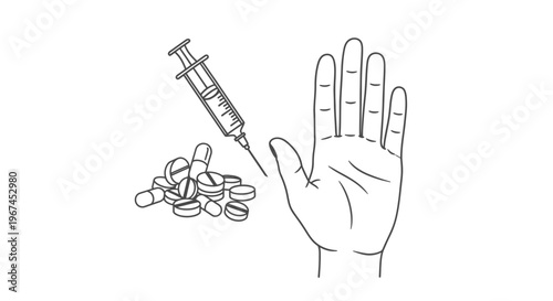 Stop Hand Gesture with Syringe and Pills, Illustrating Anti-Drug Abuse Message on Isolated White Background