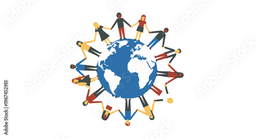 Diverse People Holding Hands Around Earth Globe Symbolizing Global Unity on Isolated White Background