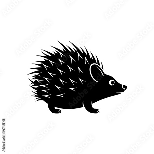 Silhouette of a hedgehog in black and white side view isolated on white background.