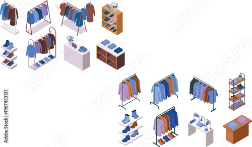 Isometric retail clothing store with clothes racks, shoes, and shelves for fashion design