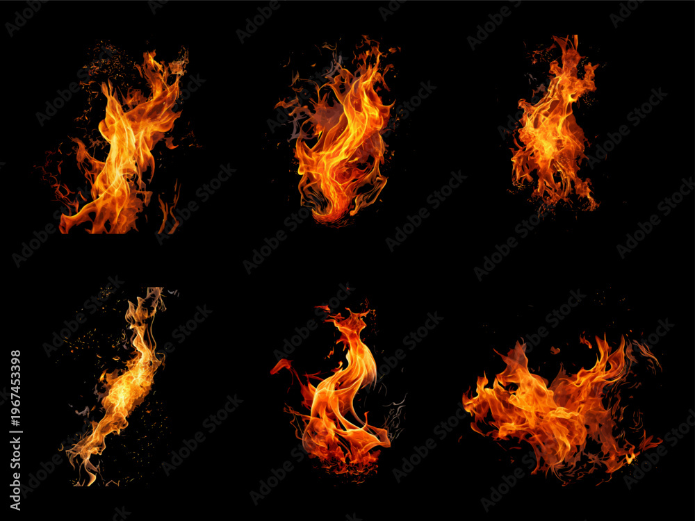 Fototapeta premium Set of realistic orange fire bursts isolated on black background for design overlays