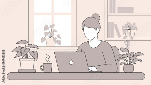 Woman working on laptop at home office with plants and coffee, minimalist flat vector illustration.