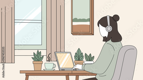 Woman working on laptop at home office with plants and coffee, minimalist flat vector illustration.
