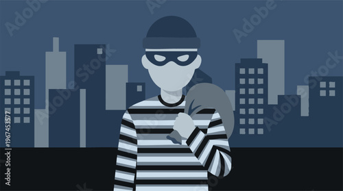 Cartoon thief character with mask and sack in a minimalist city at night