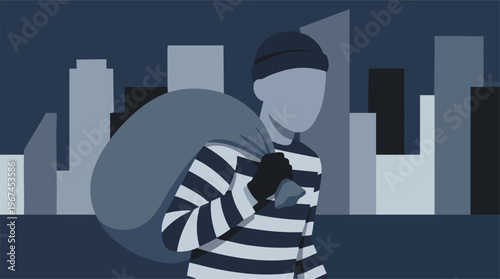 Stylized burglar with a sack in a dark urban landscape illustration