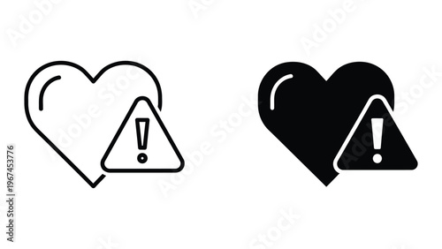 Contrasting heart icons with warning symbols indicating caution or alertness