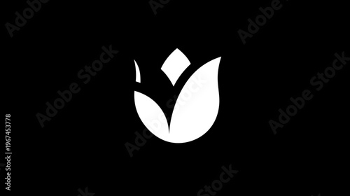 A simple, white, stylized floral design on a black background, representing a blossoming flower