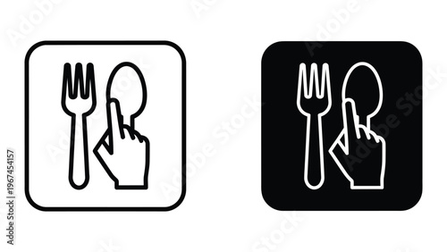 Icons showing a fork and knife with a hand holding a napkin wrapped around utensils