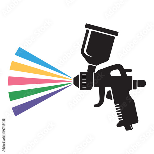 Spray gun emitting a colorful fan of paint