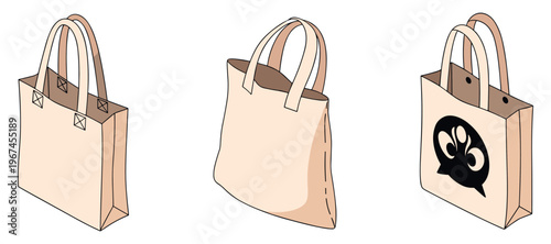 Reusable tote bags with handles and printed design trio