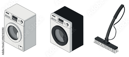 Washing machines and vacuum cleaner displayed on white background