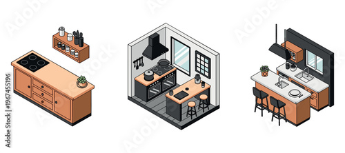 Kitchen islands and cooking areas presented in isometric interior views