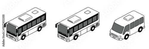 Passenger buses and van line drawings in monochrome transport icons