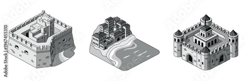 Fortified castle and coastal village in isometric view