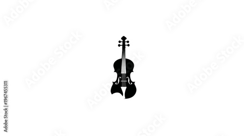 A silhouette illustration of a violin, a stringed instrument, set against a stark white background