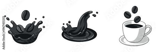 Coffee splash and cup illustrations on white background