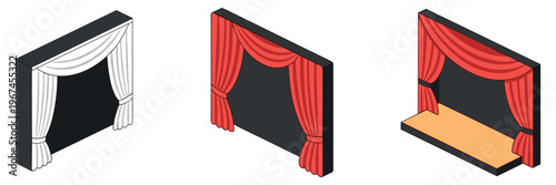 Theater curtains displayed in three opening states on white background