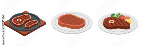 Three steak servings arranged on plates with simple garnish