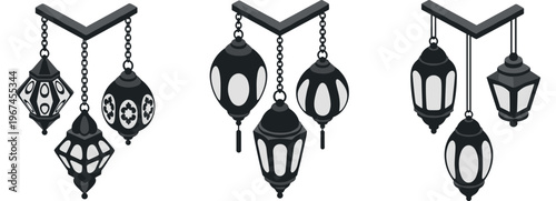 Hanging decorative lanterns grouped in three different styles
