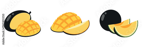 Mango fruit slices and halves on white background illustration