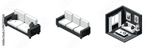 Isometric sofas and living room corner interior scene