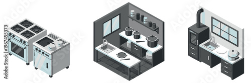Kitchen appliances displayed in isometric kitchen scenes