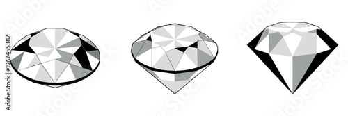 Cut diamonds shown in multiple facet views and profiles