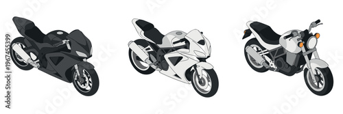 Motorcycles arranged in sport and cruiser styles on plain surface