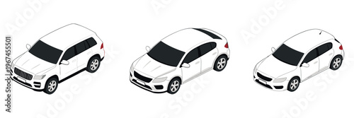 Three compact cars depicted in isometric view on plain background