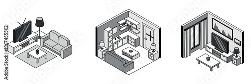 Isometric interior rooms showing living, kitchen, and media