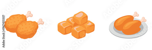 Fried chicken pieces and tofu cubes beside roasted chicken plate