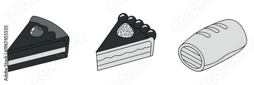 Cake slices and pastry roll displayed on white surface