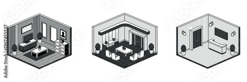 Isometric interior rooms showing living dining and hallway layouts