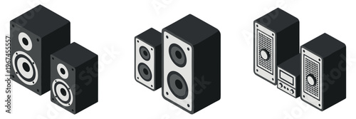 Speaker sets displayed in three variations on white background