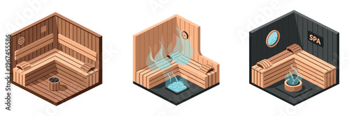 Sauna interiors emitting steam inside spa rooms