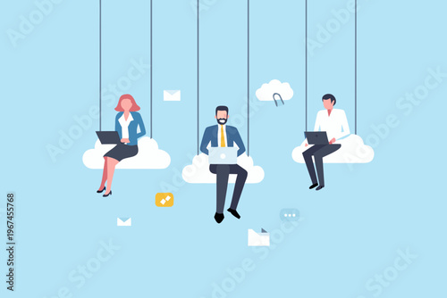 People working remotely on cloud shaped platforms utilizing laptops